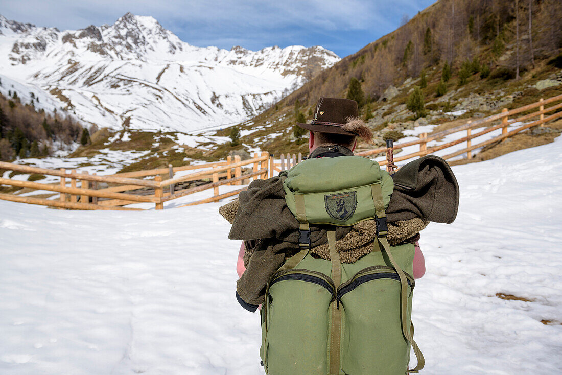 hunter, ranger, winterly landscape, the Alps, South Tyrol, Trentino, Alto Adige, Italy, Europe