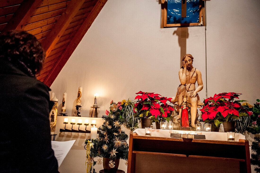 altar with figure of Virgin Mary, Catholic, Christian, tradition, ancient customs, Advent, Advent season, Bavaria, Germany, Europe