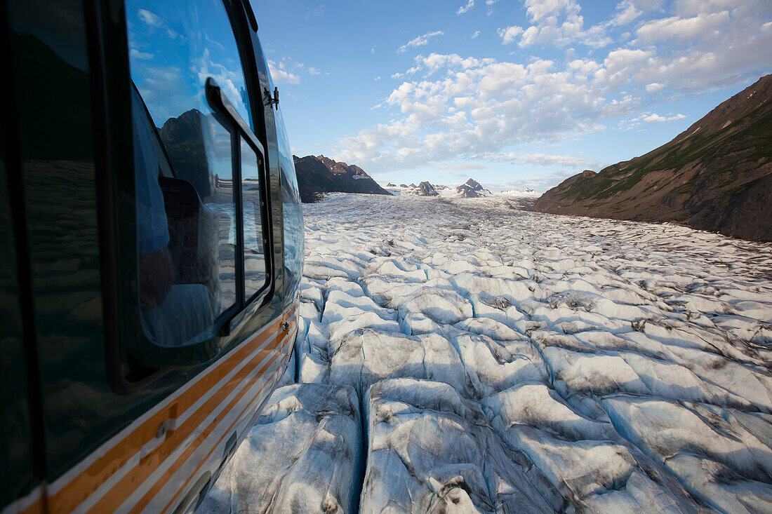 Aerial View Of A Helicopter Over Grewingk Glacier, Kachemak Bay State Park, Southcentral Alaska, USA