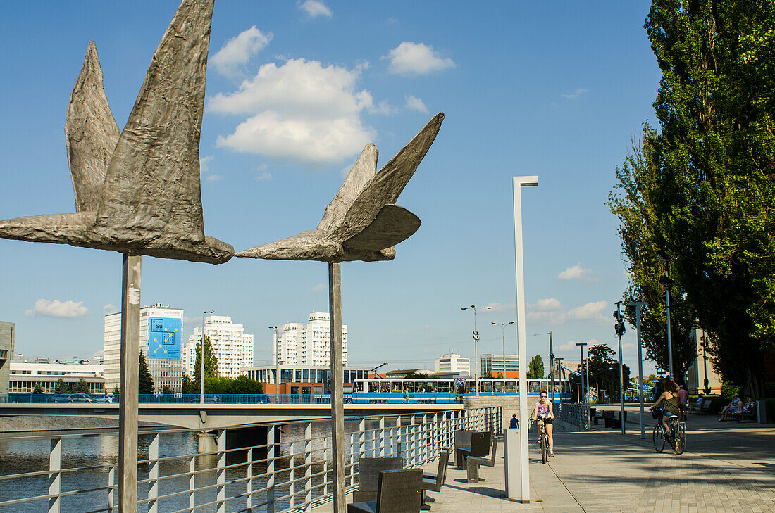 Steel Bird Sculptures On Dunikowskiego Boulevard Along River Odra; Wroclaw, Poland