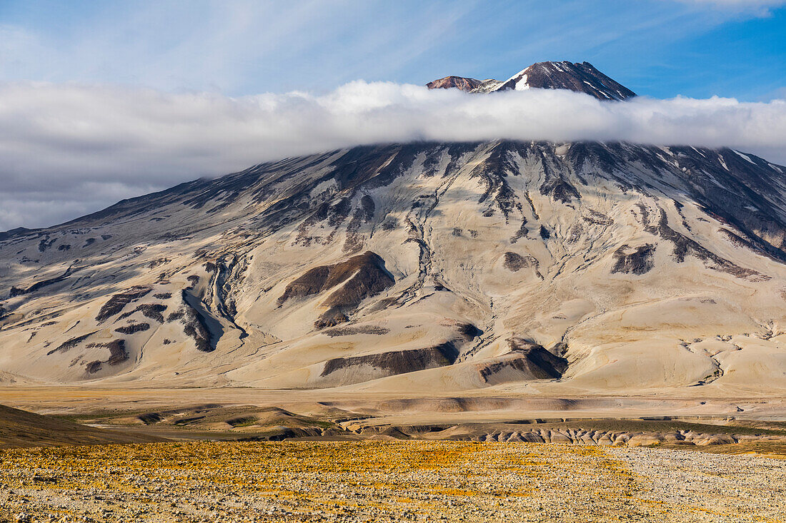 Mt. Griggs rises above the ash- and pumice-covered Valley of Ten Thousand Smokes in Katmai National Park; Alaska, United States of America