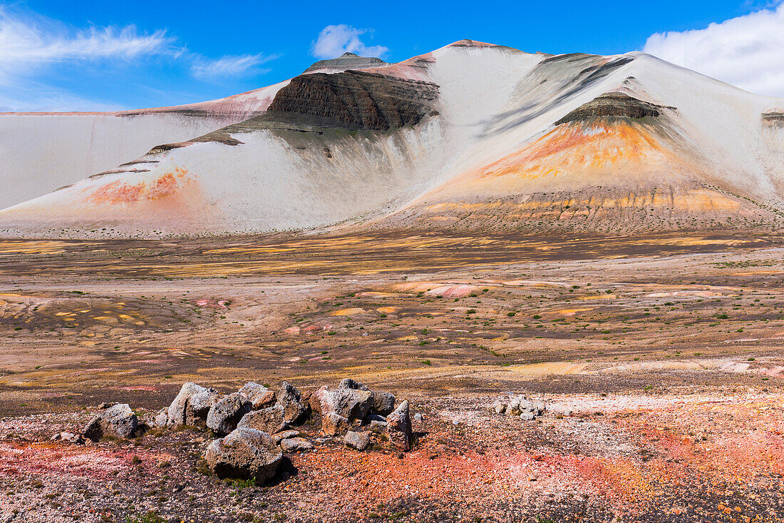 The colorful landscape of the Valley of Ten Thousand Smokes and Baked Mountain in Katmai National Park; Alaska, United States of America