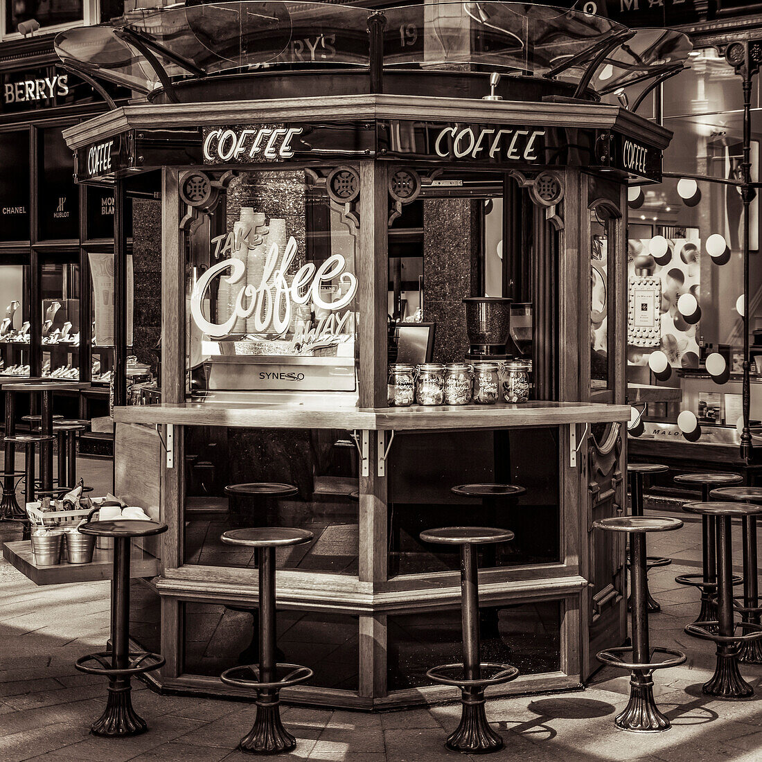 Coffee stall in a shopping mall; Leeds, West Yorkshire, England