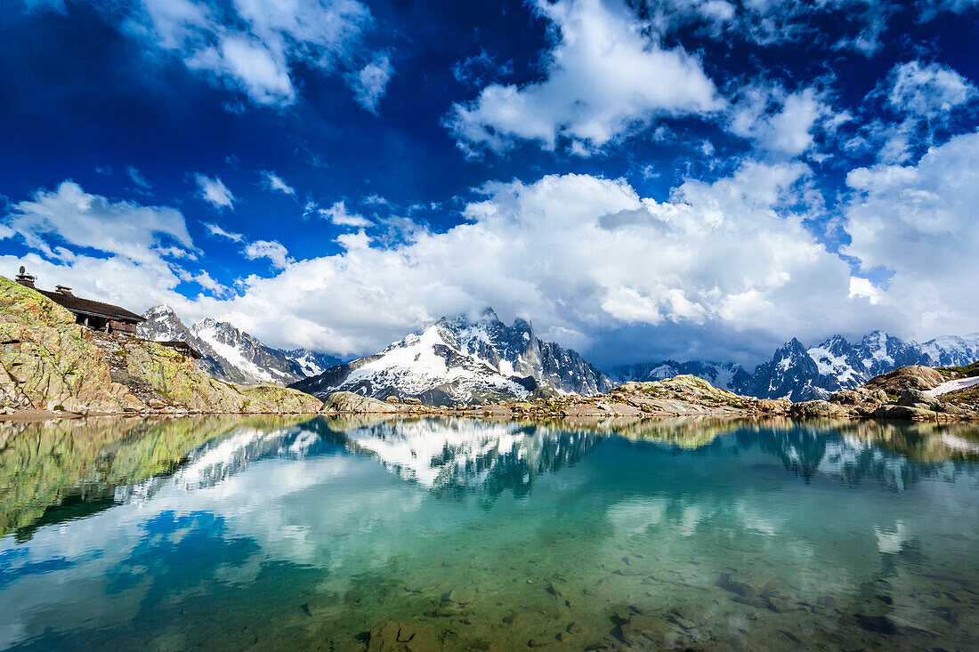 Mont Blanc Massif reflecting on Lac Blanc; Chamonix-Mont-Blanc, Haute-Savoie, France