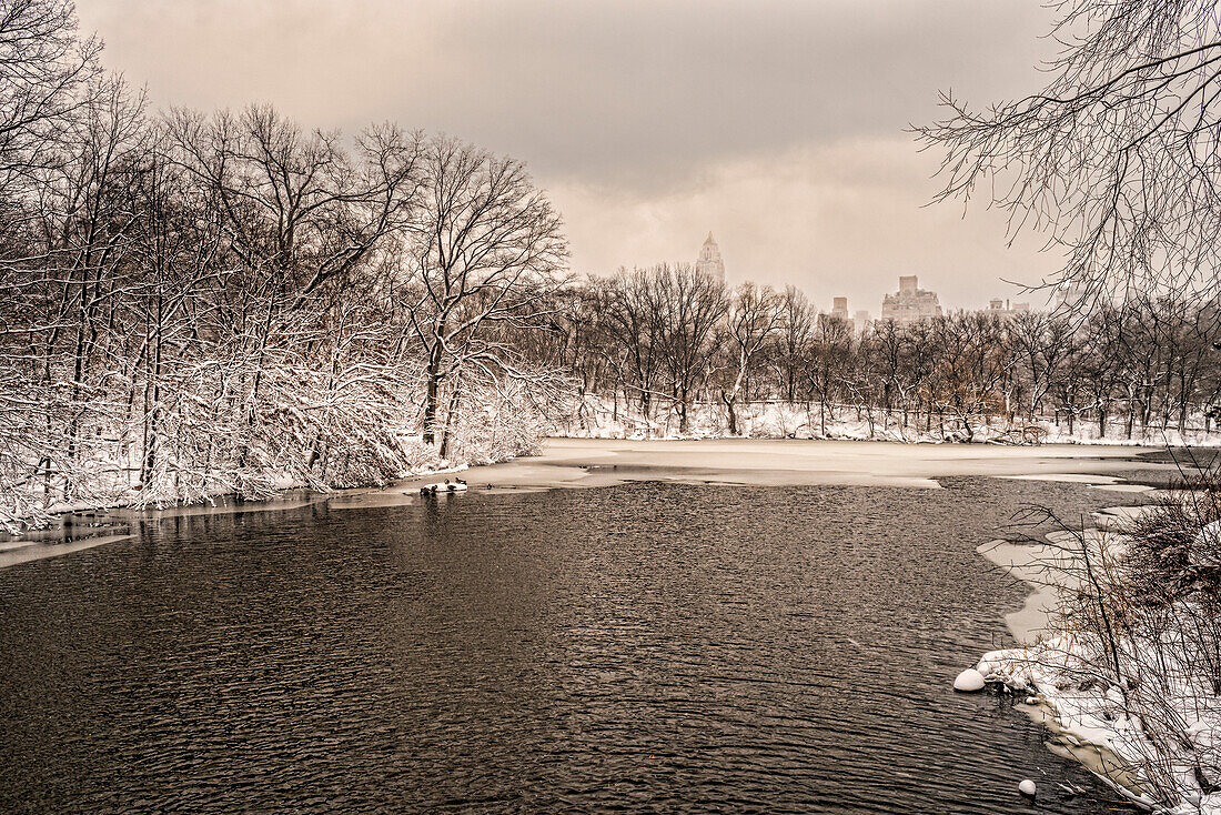 The Lake Partially Frozen In A Snowstorm In Central Park; New York City, New York, United States Of America