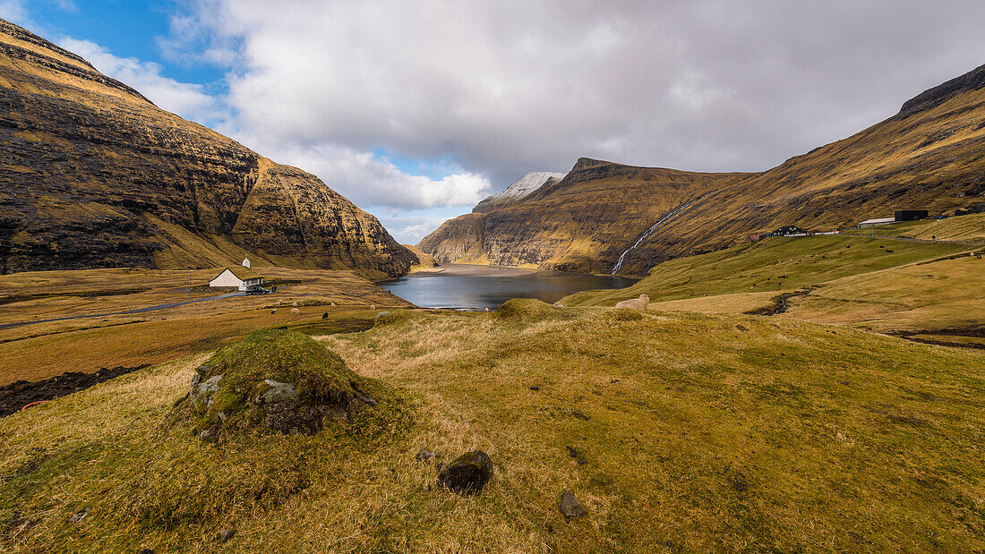 thatched roof chapel in the bay of Saksun, Streymoy, Faroe Islands, Denmark