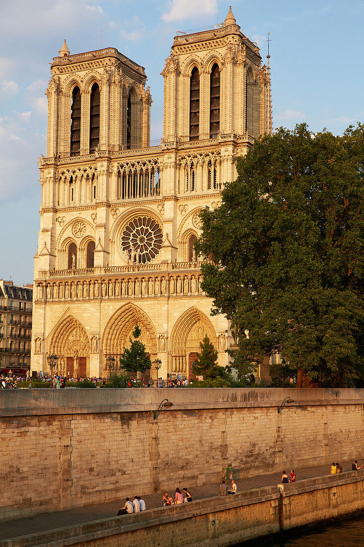 Western facade of Notre Dame Cathedral, viewed from Seine river. Île de la Cité. Paris. France. The cathedral is widely considered to be one of the finest examples of French Gothic architecture.
