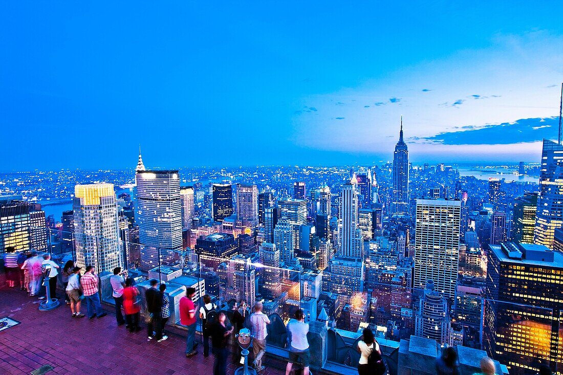 View of the Empire State Building and Midtown skyline from the Rockefeller Center Observation Deck, Top of the Rock, Midtown, Manhattan, New York City, New York, USA.
