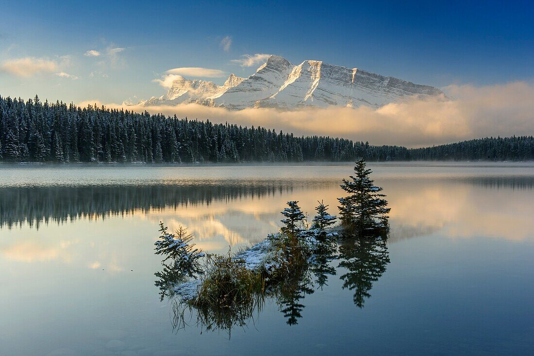 Mt. Rundle reflected in Two Jack Lake, Banff National Park, Alberta, Canada.
