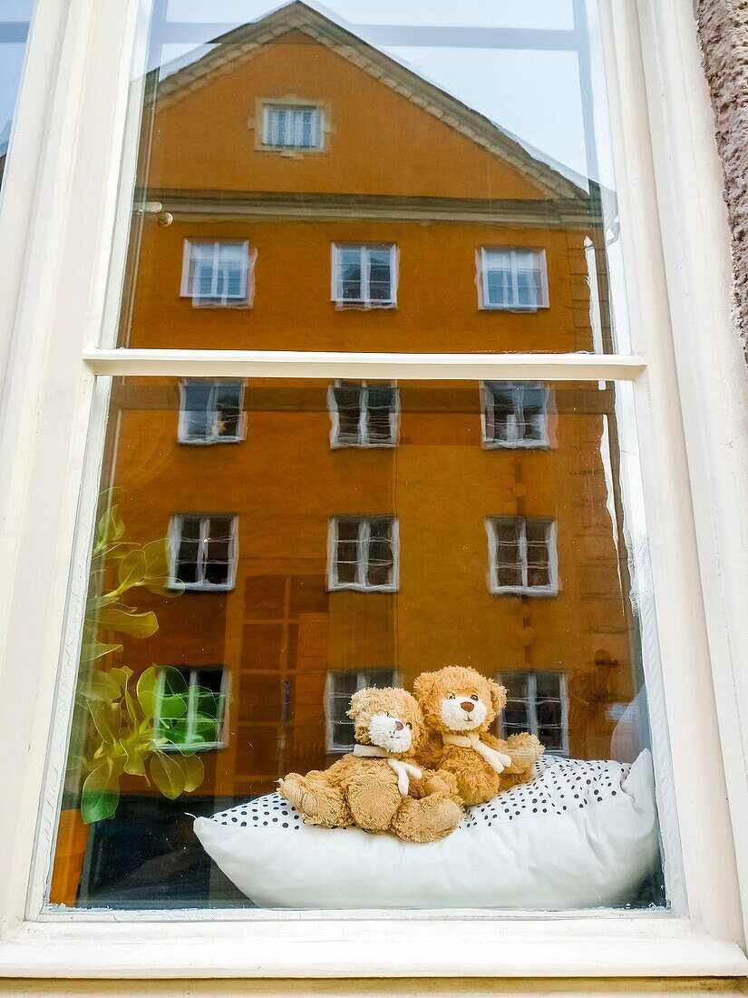 STOCKHOLM, SWEDEN Teddy bears look out window in Vasastan neighborhood.
