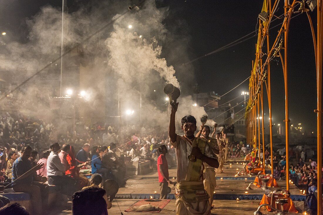 Ganga Aarti ceremony on the ghats of the Ganges, Benares, Varanasi, Uttar Pradesh, India