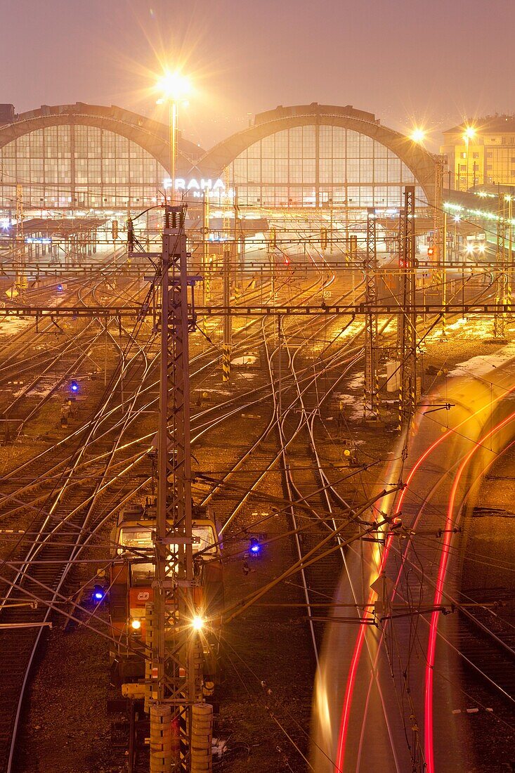 Prague Main Railway Station - view from above of tracks outside at dusk.