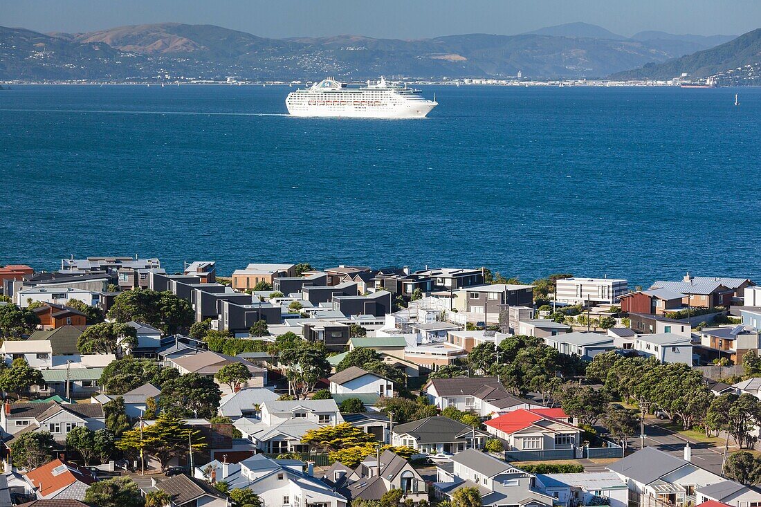 New Zealand, North Island, Wellington, elevated view of Seatoun from the Pass of Branda with cruiseship.