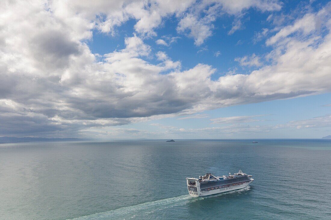 New Zealand, North Island, Mt. Manganui, elevated view of cruiseship and Tauranga Harbor.