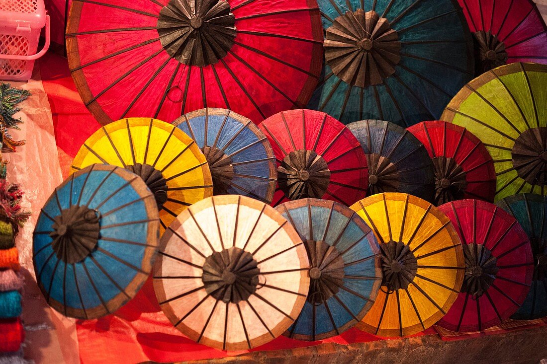 Umbrellas for sale at Luang Phrabang night market. Laos.