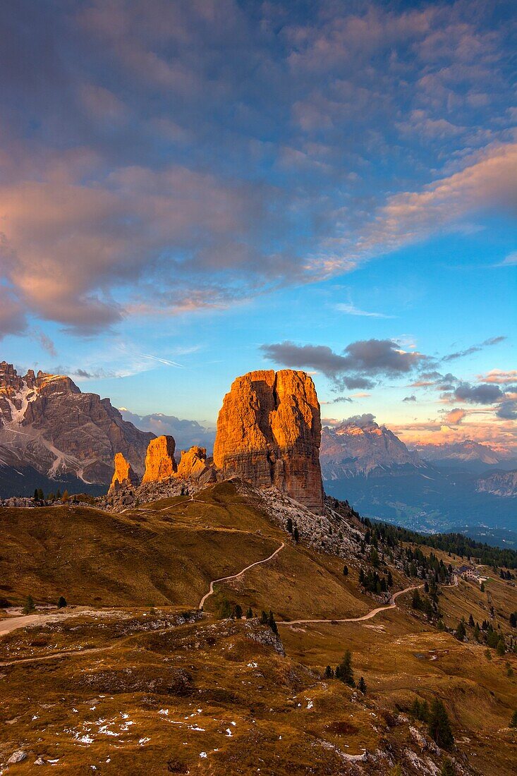Five Towers at sunset, province of Belluno, Ampezzo Dolomites, Veneto, Italy.