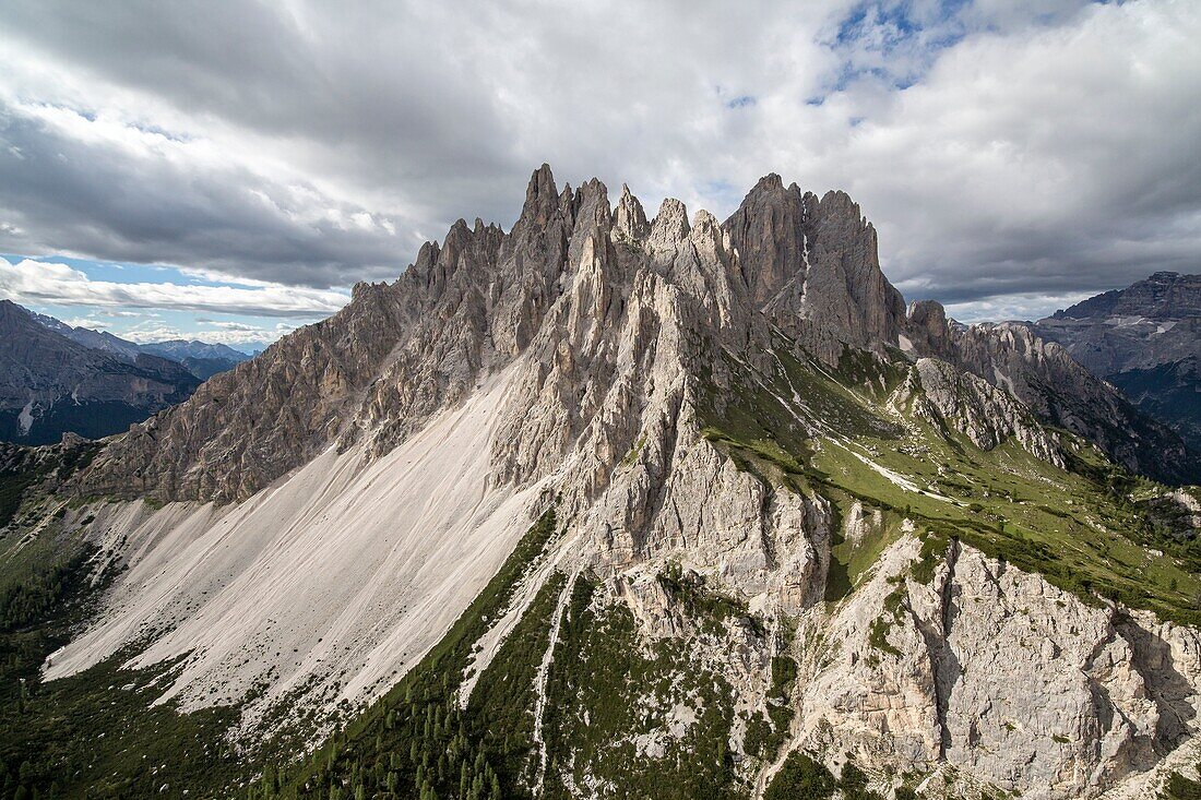 Dolomite peaks of Cadini seen from the helicopter. Cortina d'Ampezzo. Dolomites. Veneto. Italy. Europe.