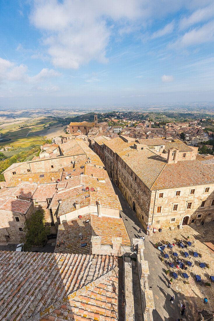Montepulciano, Tuscany, Italy, Europe. The Piazza Grande view from the pubblic tower