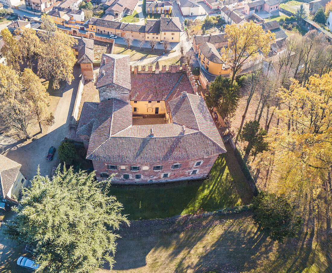 Cozzo, Province of Pavia, Lombardy, Italy. An aerial view of Cozzo's Castle