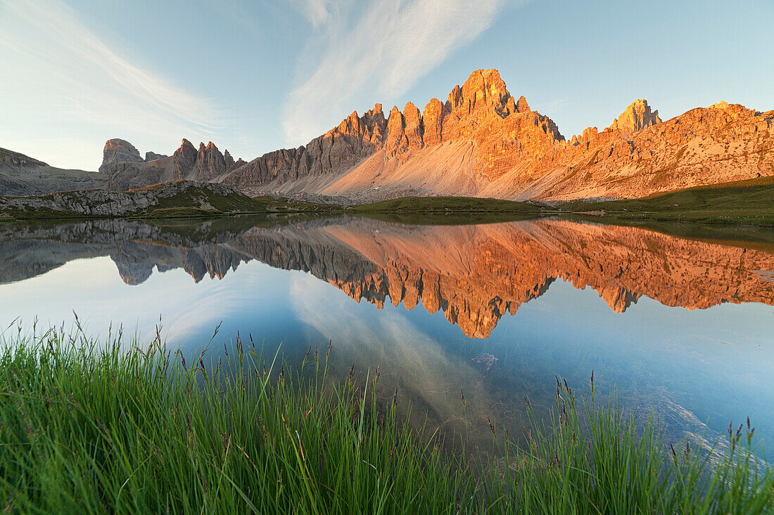 Sunrise at Piani Lakes with Paterno Mount, Dolomites, Innichen, South Tyrol, Italy
