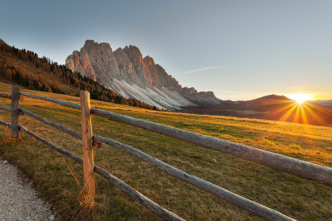 Sunset in Puez-Odle Natural Park, Dolomites, South Tyrol, Funes Valley/Villnoss, Bolzano, Italy