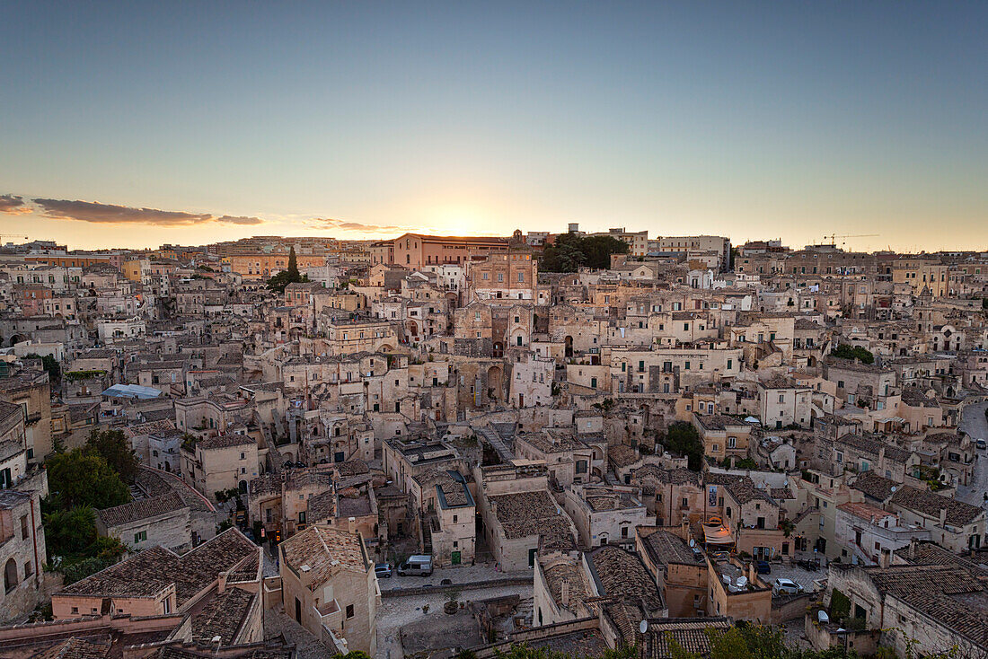 View of the ancient town and historical center called Sassi perched on rocks on top of hill, Matera, Basilicata, Italy, Europe