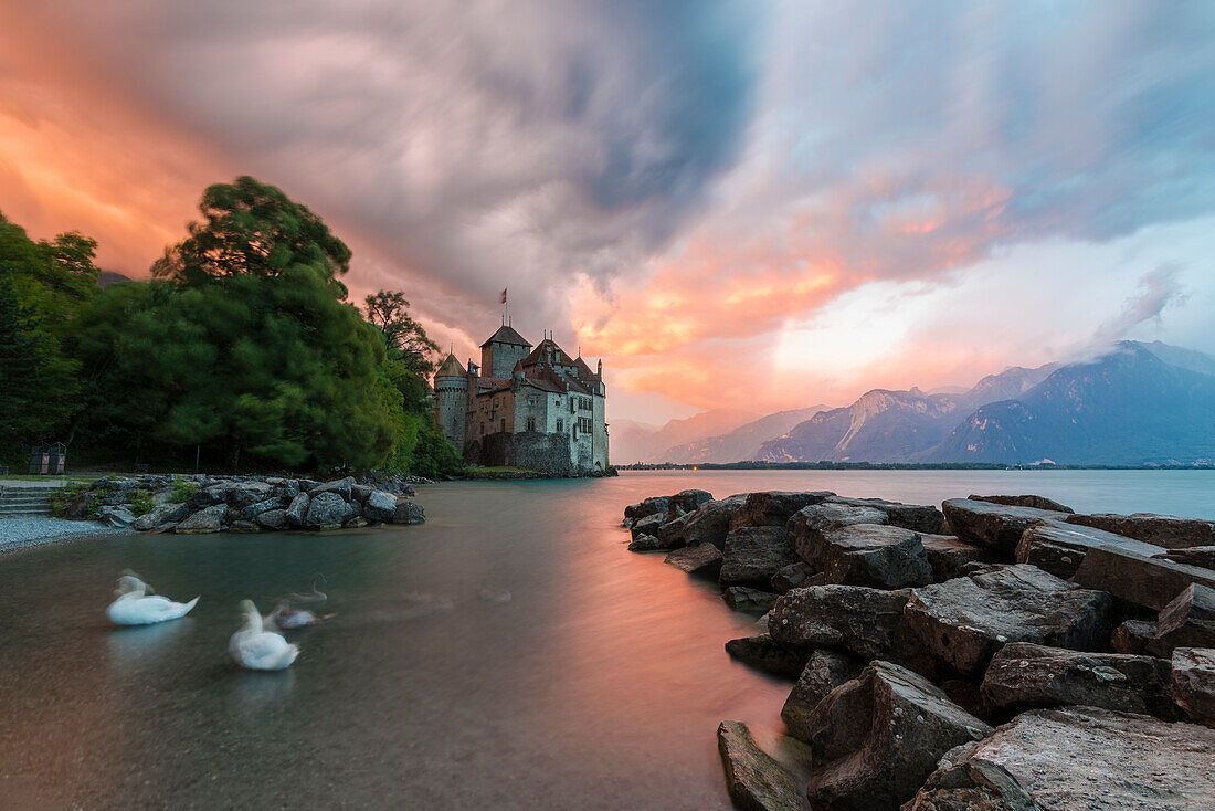 Chillon castle under the storm, Canton of Vaud, Switzerland, Swiss alps