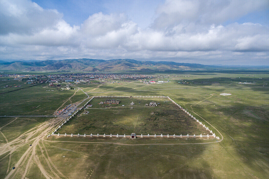 Aerial view of the ruins of the ancient Erdene Zuu Buddhist monastery, Harhorin, South Hangay province, Mongolia