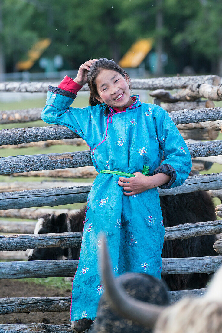 Mongolian nomadic shepherd girl in her traditional dress, Hovsgol province, Mongolia