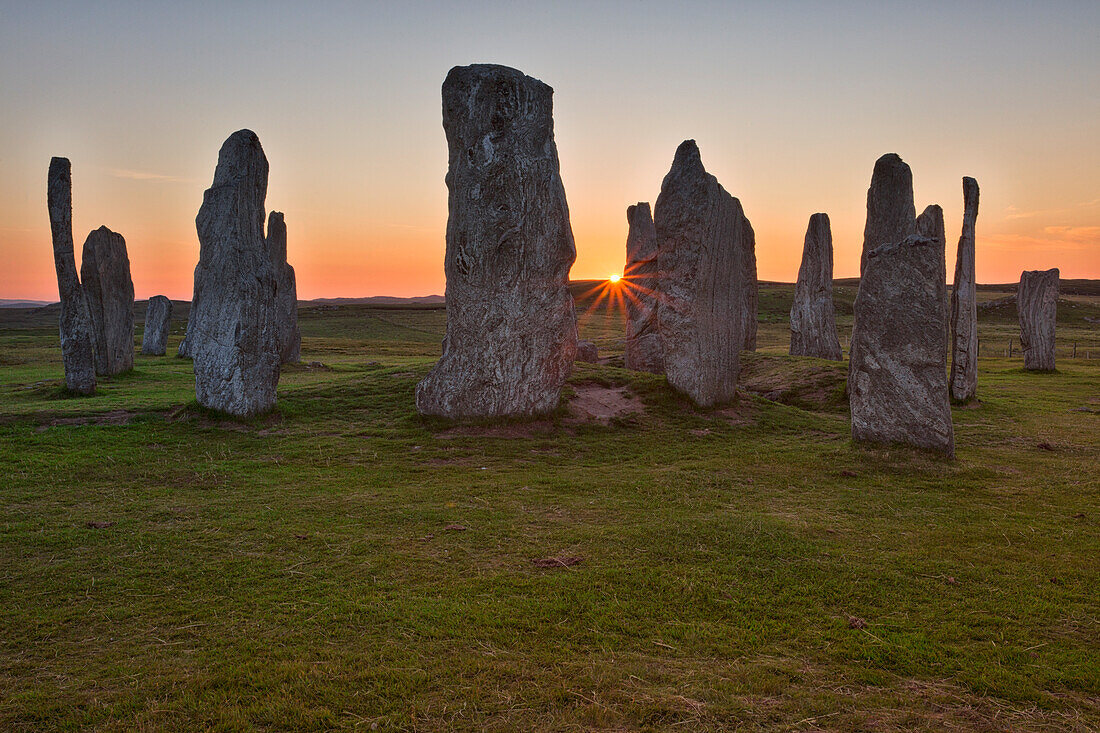 Standing stones erected in the late Neolithic at sunset,Callanish,Isle of Lewis, western scotland,United Kingdom