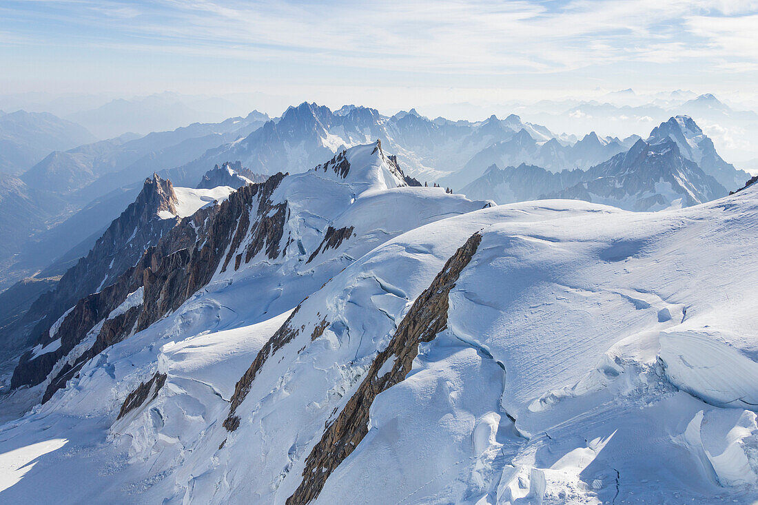 The glaciers of Mount Blanc from an aerial view. Chamonix, France, Europe