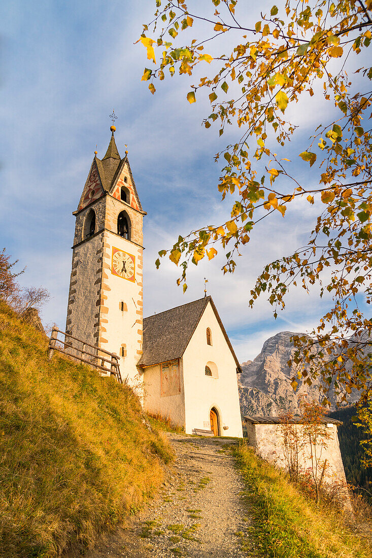 The church of San Bernardo in autumn, La Villa, Val Badia, Trentino Alto Adige, Italy