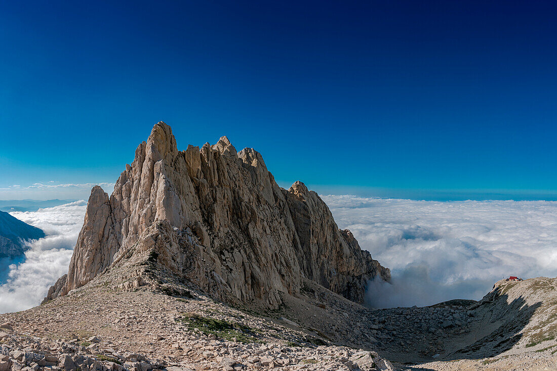 Corno Piccolo of Gran Sasso into the clouds, Campo Imperatore, L'Aquila province, Abruzzo, Italy, Europe