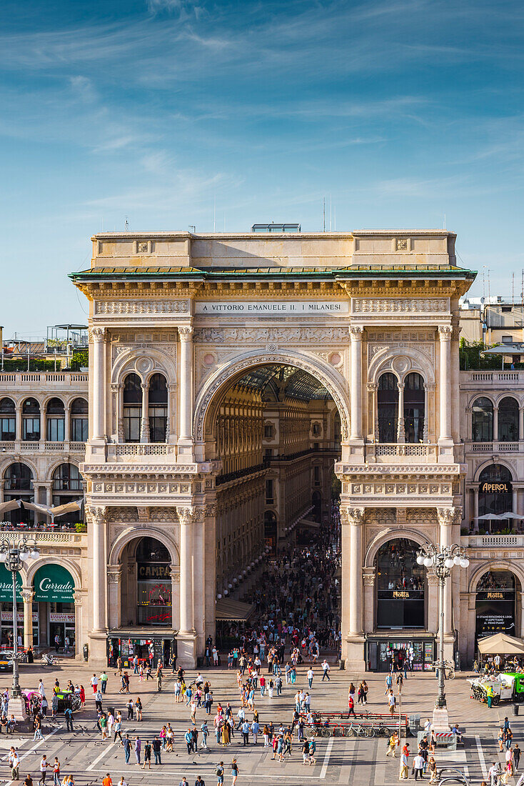 Milan, Lombardy, Italy, Front view of the entrance to the Galleria Vittorio Emanuele II