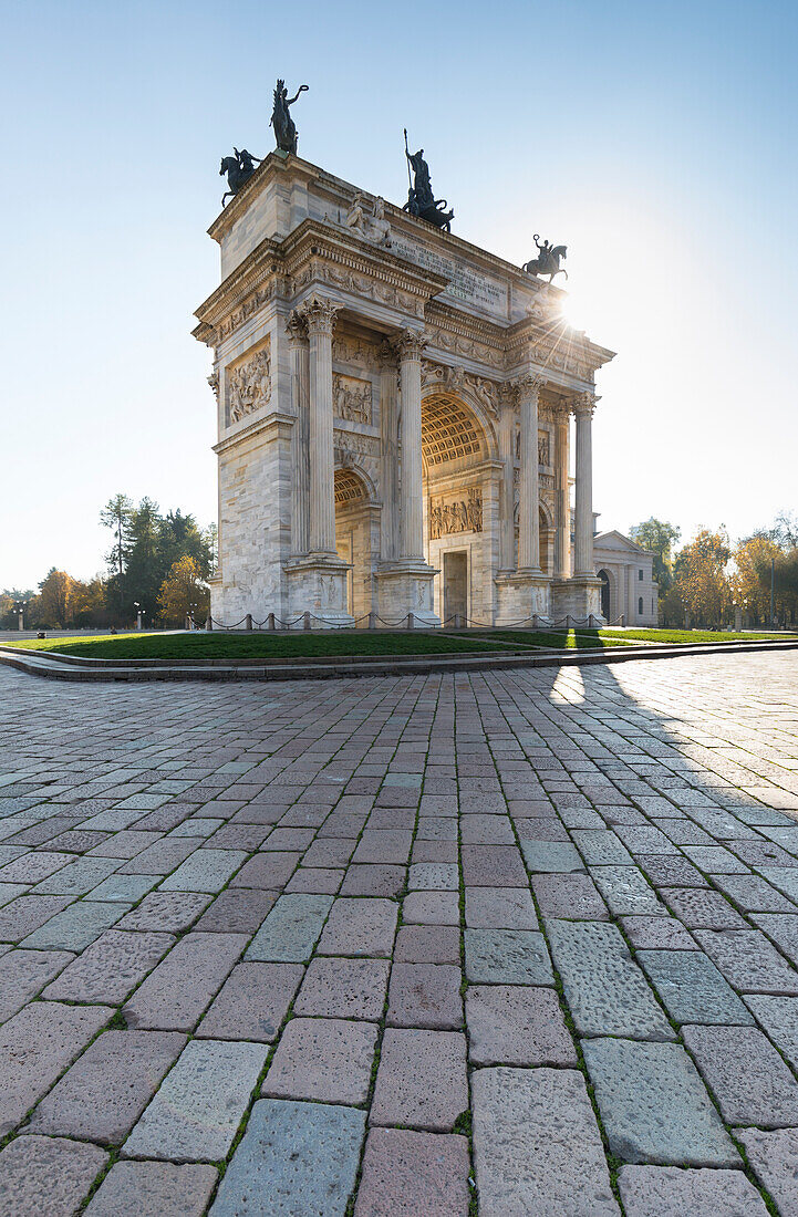 a view of the Arco della Pace, a triumphal arch in white marble, Milan province, Lombardy, Italy