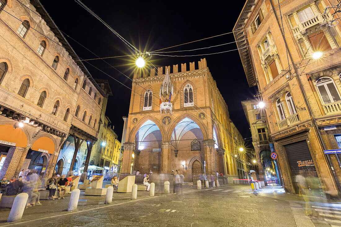 View of the Palazzo della Mercanzia from Piazza della Mercanzia square at night, Bologna, Emilia Romagna, Italy