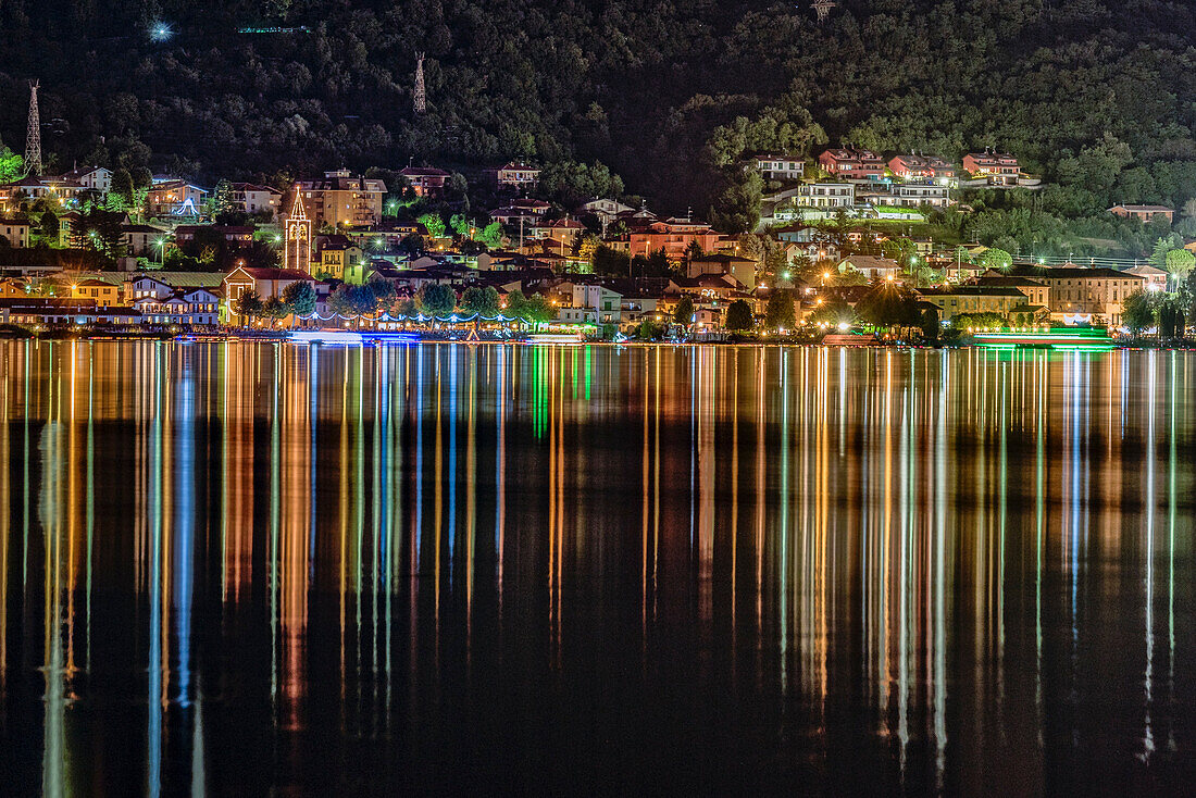 Fireworks during Madonna della Neve festival on Pusiano Lake, Pusiano, Como province, Lombardia, Italy, Europe