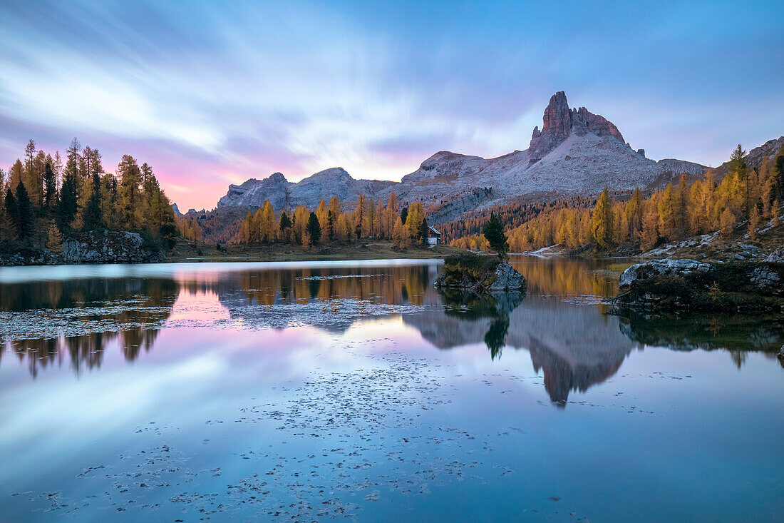 Dusk at Federa lake in autumn, Cortina d Ampezzo, Belluno, Dolomites, Veneto, Italy