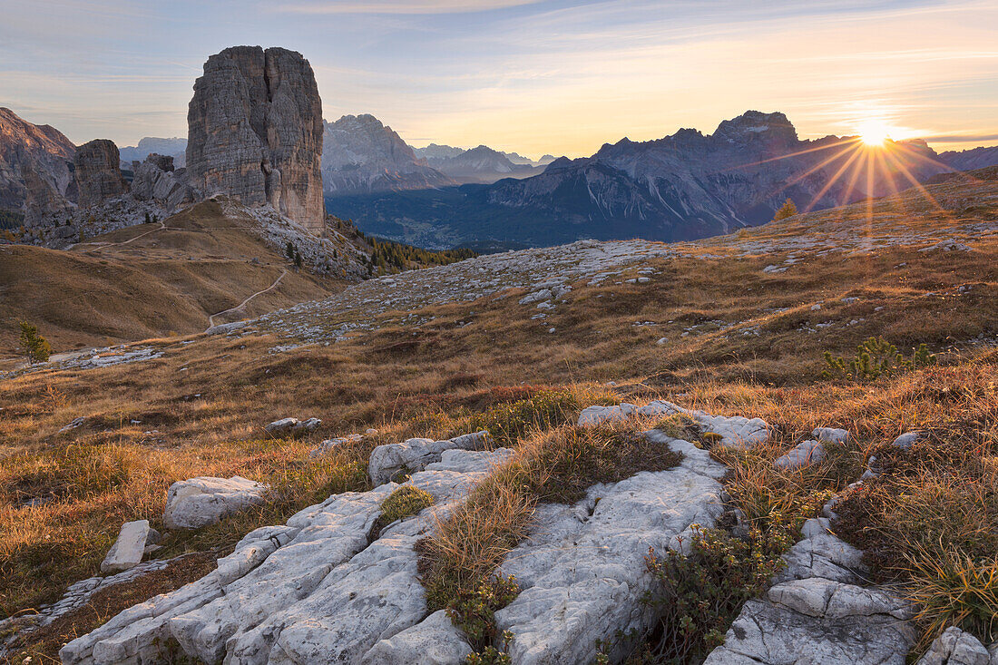 The Cinque Torri (Five Towers) at sunrise, Dolomites, Belluno, Veneto, Italy