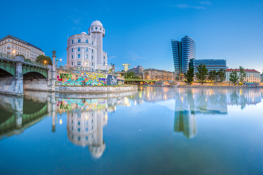vienna, Austria, Europe, The Urania and the Uniqa Tower reflected in the Danube Canal