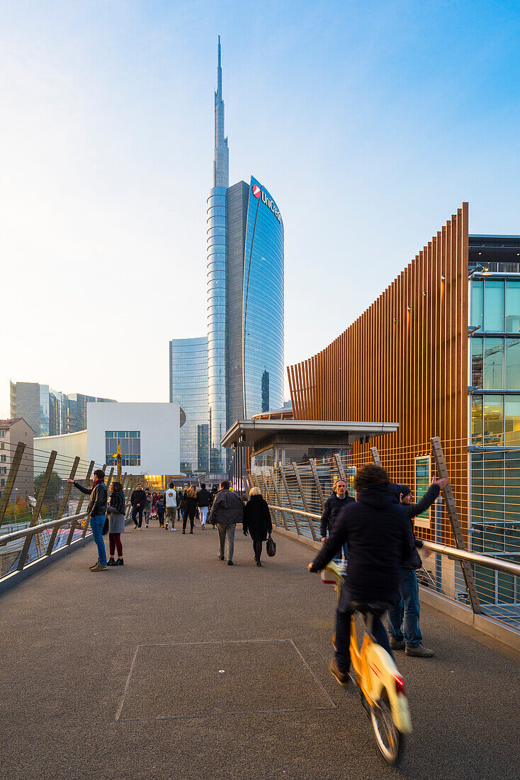 Milan, Lombardy, Italy. Gae Aulenti square with Unicredit Towers