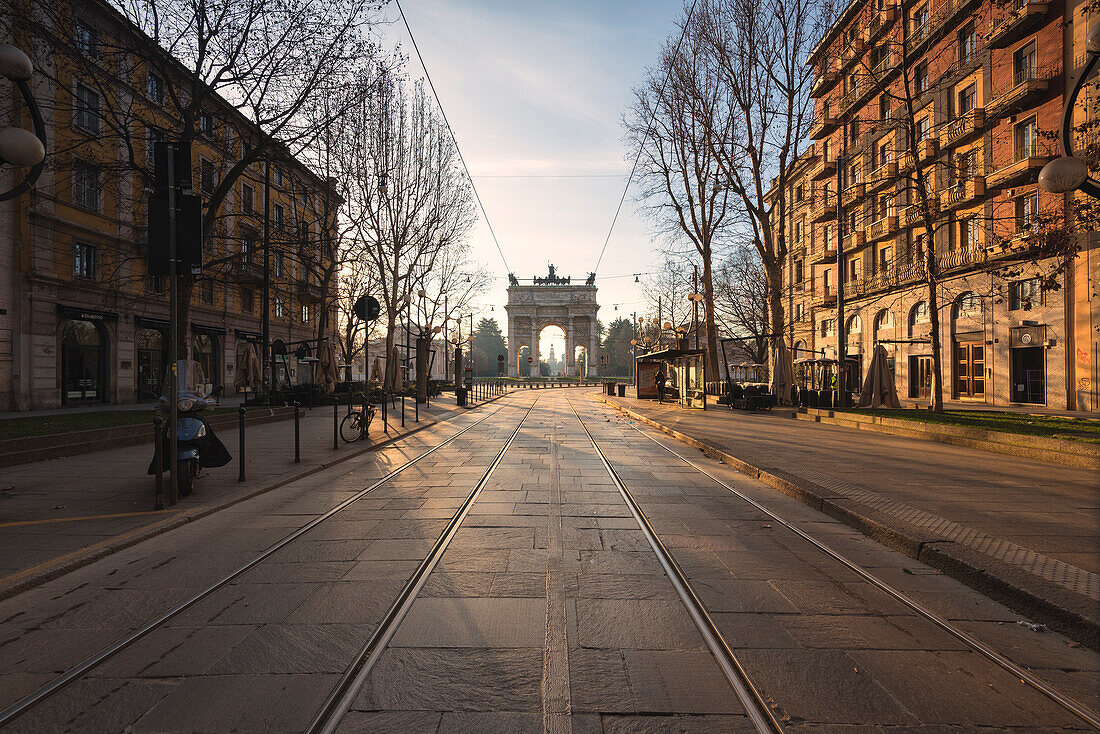 Milan, Lombardy, Italy, Porta Sempione or Arco della Pace at sunrise