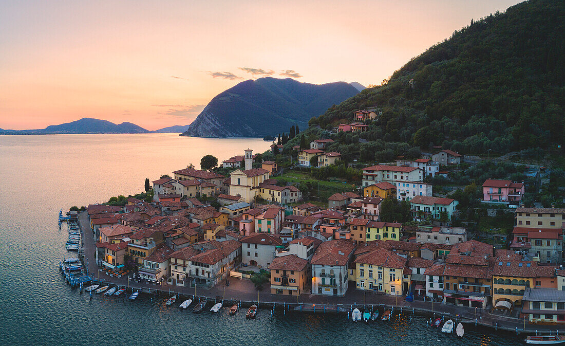 Aerial view from Iseo lake at sunset, Brescia province, Lombardy district, Italy