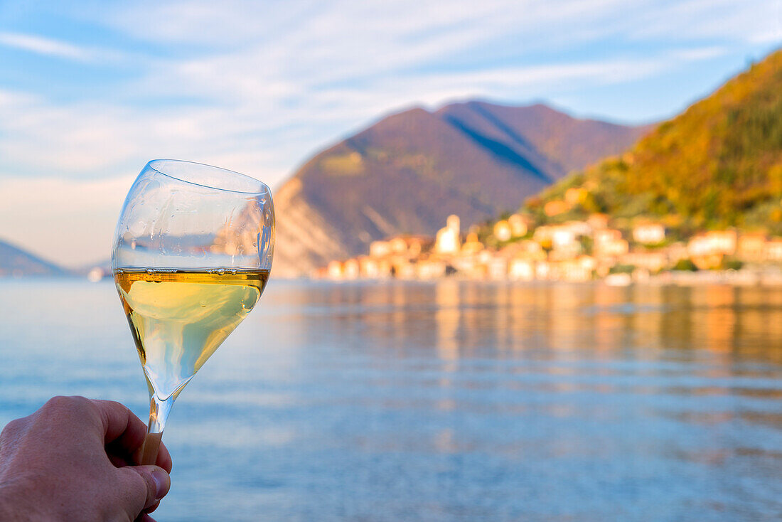 A glass of Franciacorta, Iseo lake, Brescia province, Lombardy district, Italy.