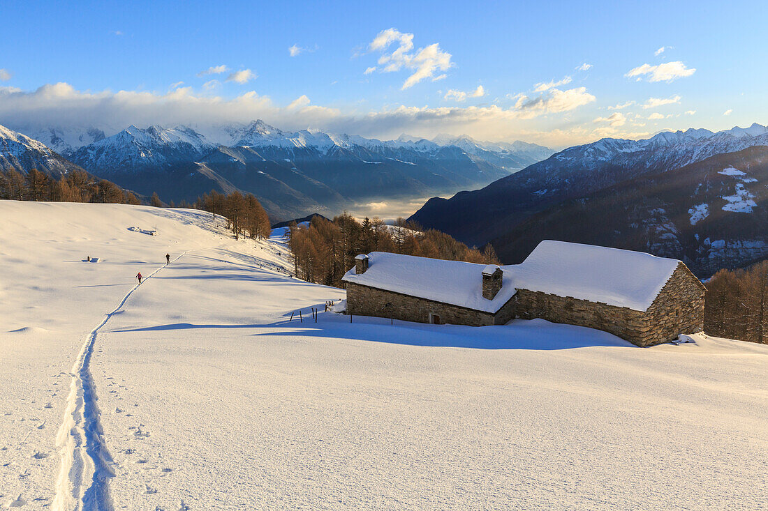 Ski mountaineers on snowy slopes of Monte Olano, Gerola Valley, Sondrio province, Valtellina, Lombardy, Italy