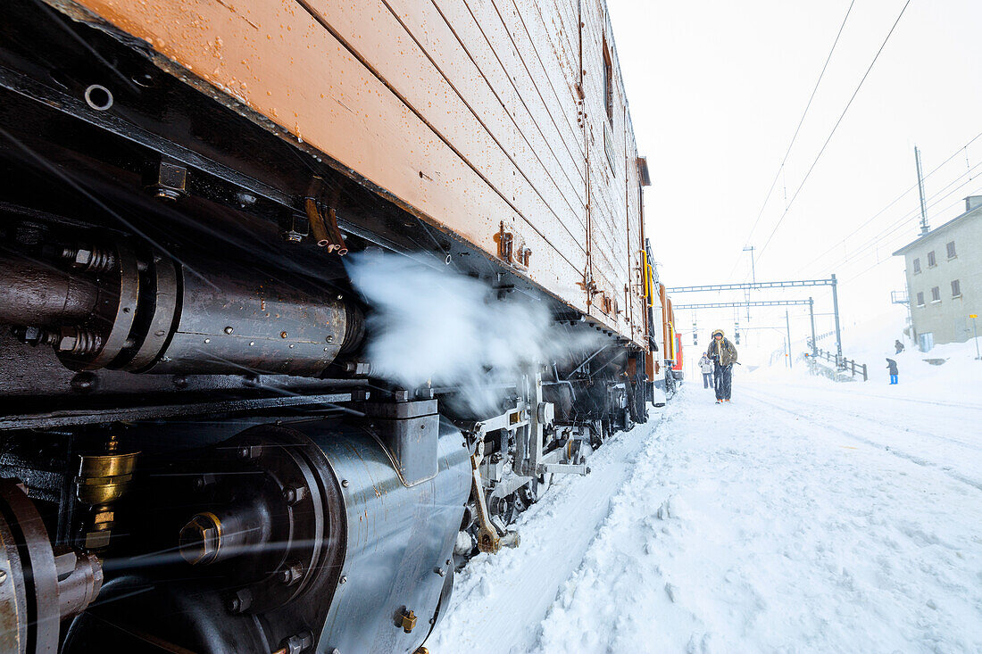 Details of the snowplow of Bernina Express train, Ospizio Bernina, Poschiavo, canton of Graubünden, Engadin, Switzerland