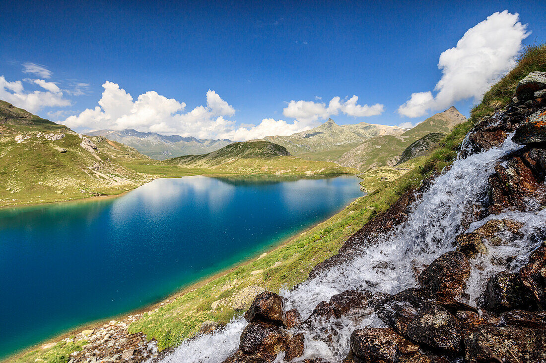 Water flows on mountain rocks, Leg Grevasalvas, Julierpass, Maloja, canton of Graubünden, Engadine, Switzerland