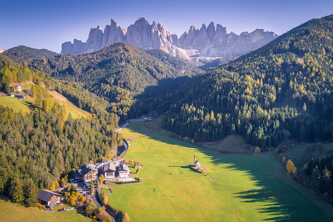 Funes Valley with San Giovanni ranui Church. Puez Odle Natural Park, South Tyrol, Italy