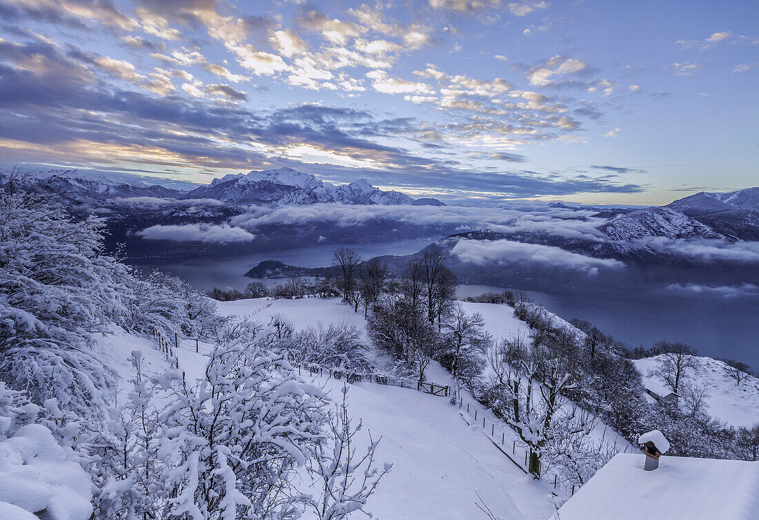 Fozen morning in Nava pasture over Tremezzina in Lake Como district, in background Bellagio and Grigna peak,Italy,Europe
