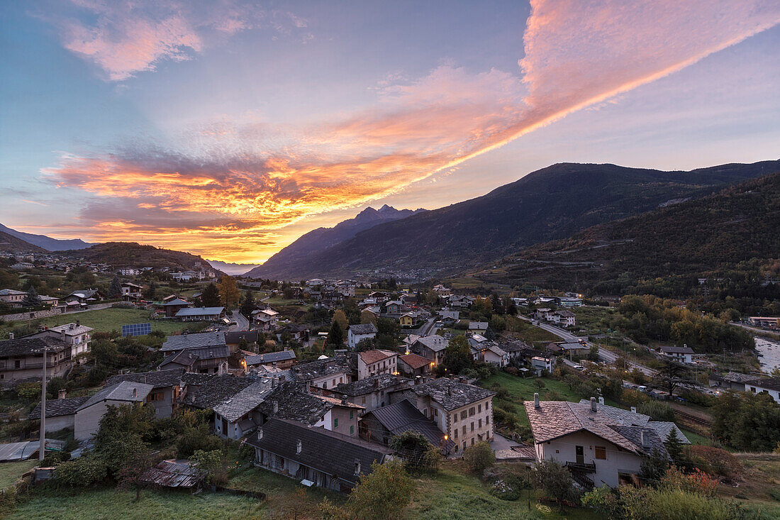 Sunrise on Villeneuve city in autumn, Aosta Valley, Italy, Europe